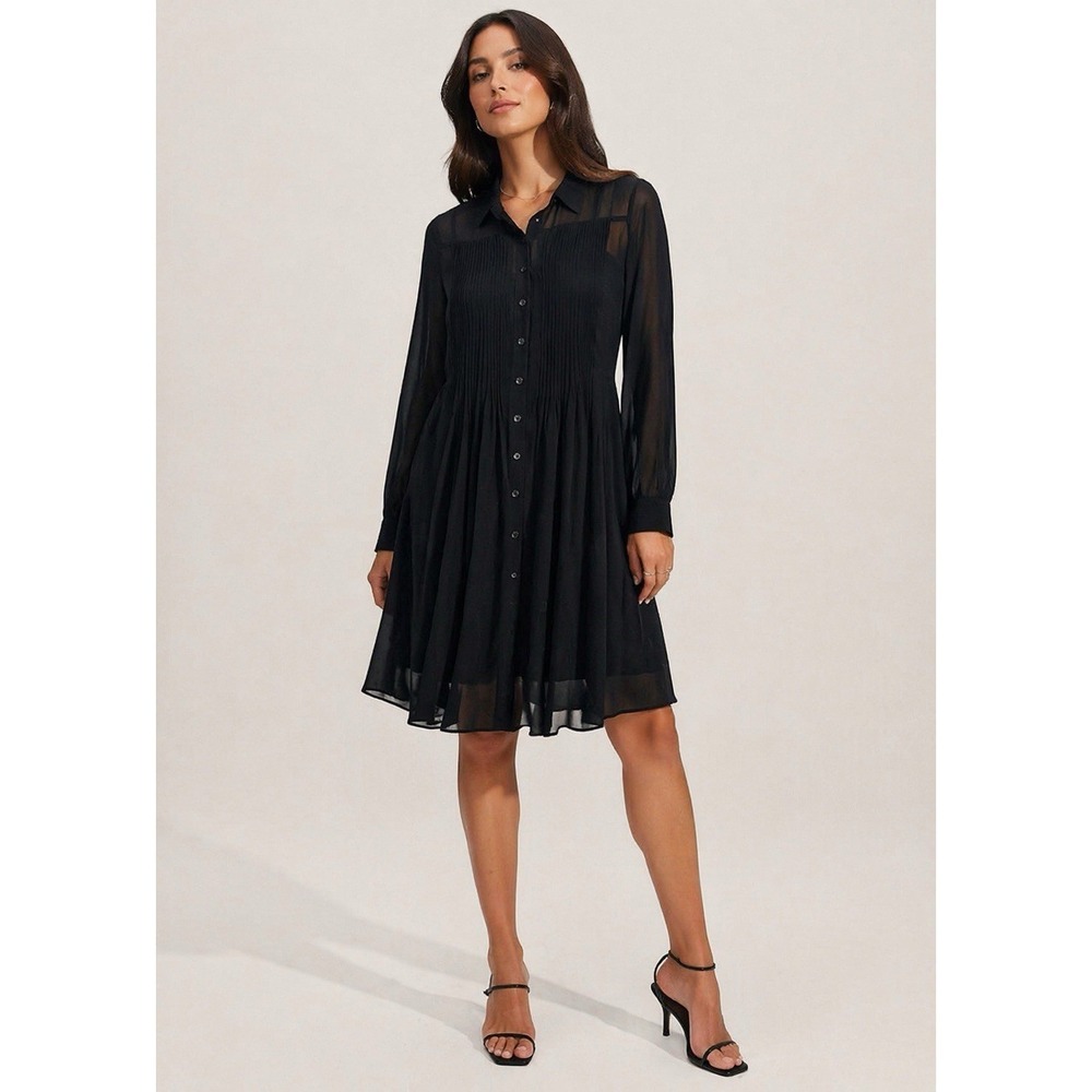 NWT Banana Republic Black Sheer Pleated Shirtdress XS Mini Tuxedo Chiffon $140